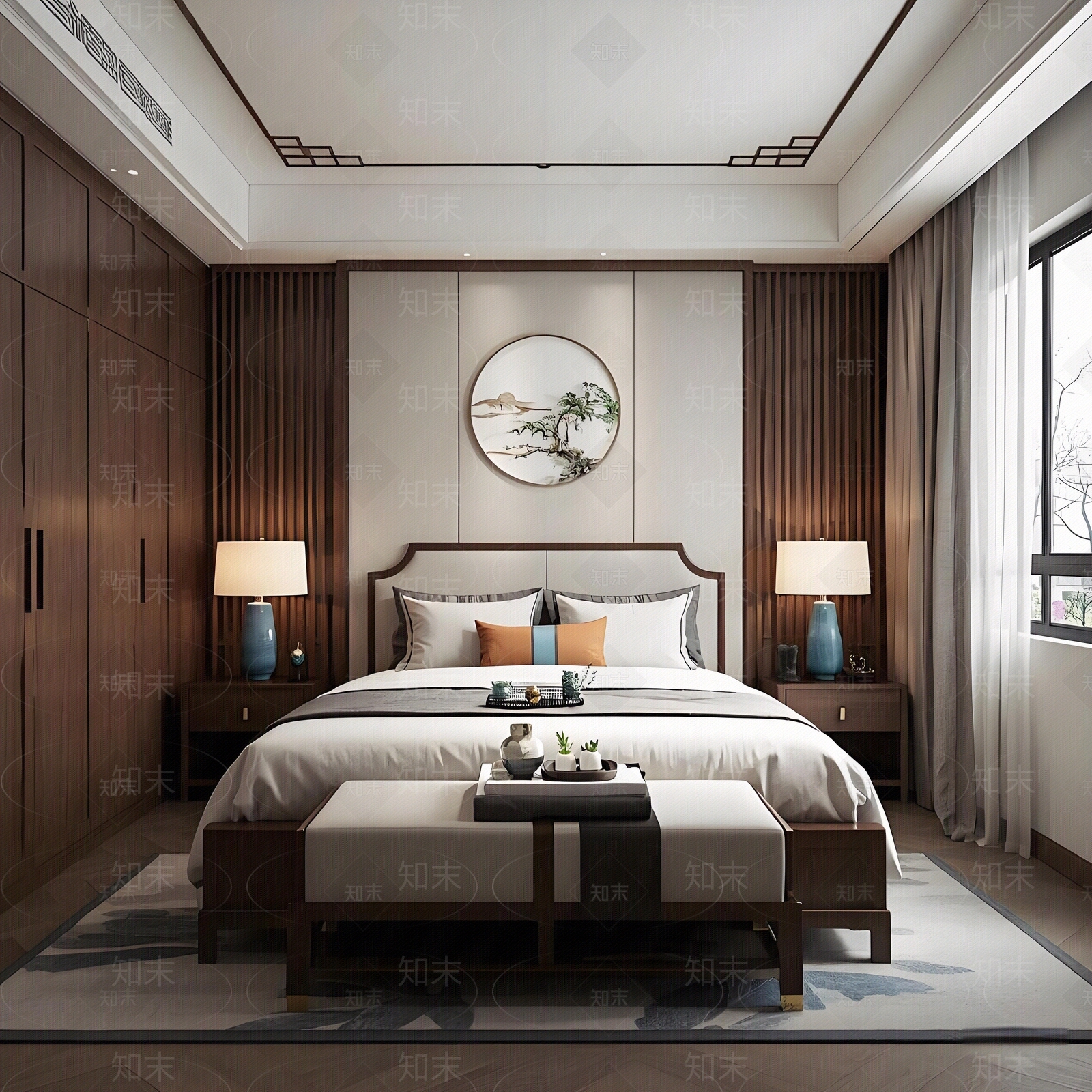 新中式中式卧室贴图下载【ID:1185972614】