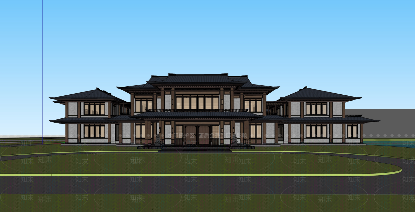现代新中式酒店建筑SU模型下载【ID:1185974049】