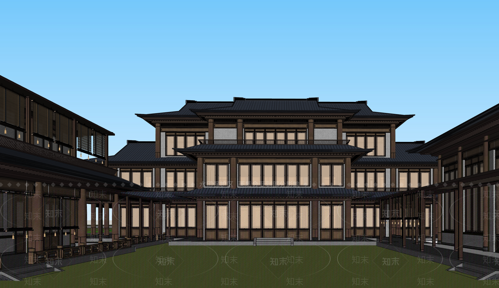 现代新中式酒店建筑SU模型下载【ID:1185974049】