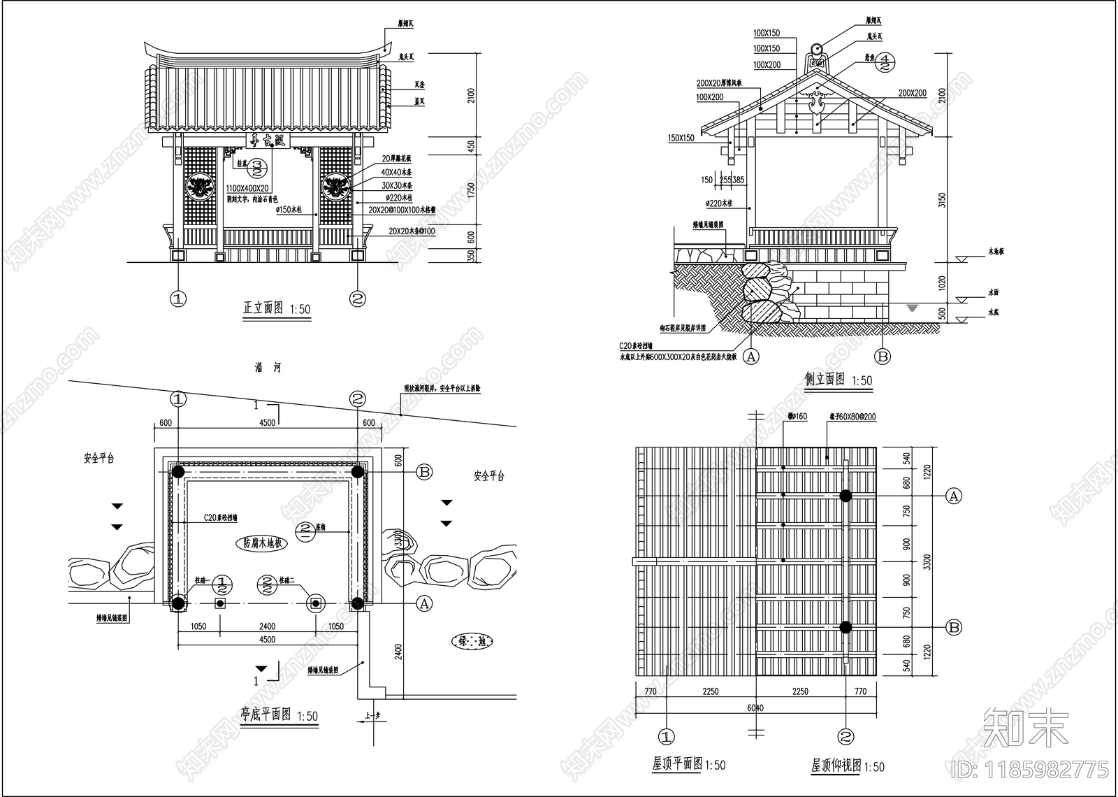 中式廊架cad施工图下载【ID:1185982775】