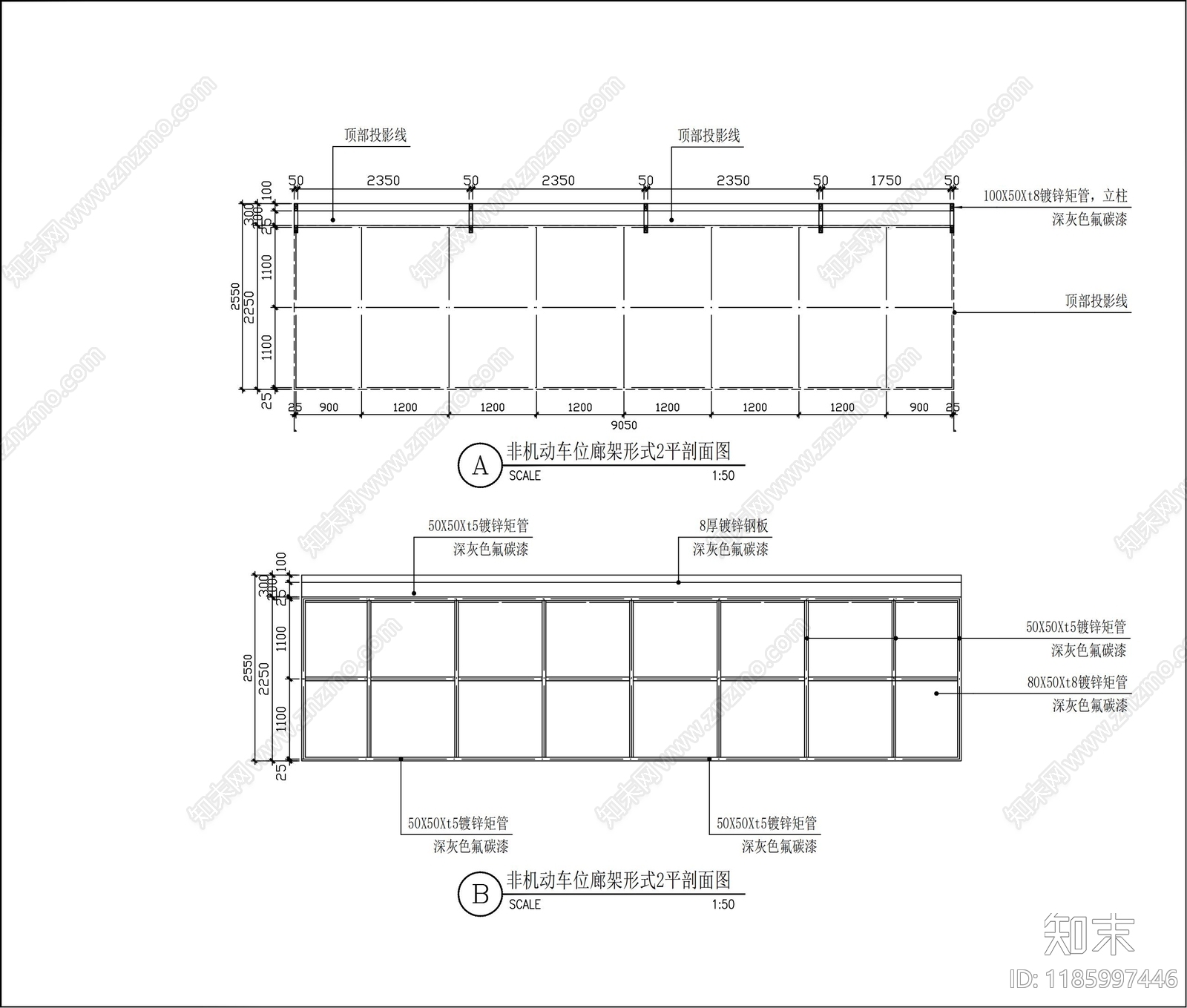 现代廊架cad施工图下载【ID:1185997446】