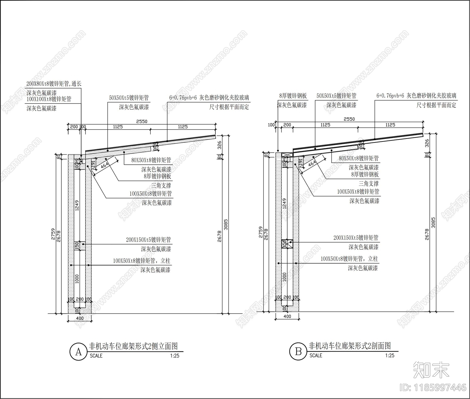 现代廊架cad施工图下载【ID:1185997446】
