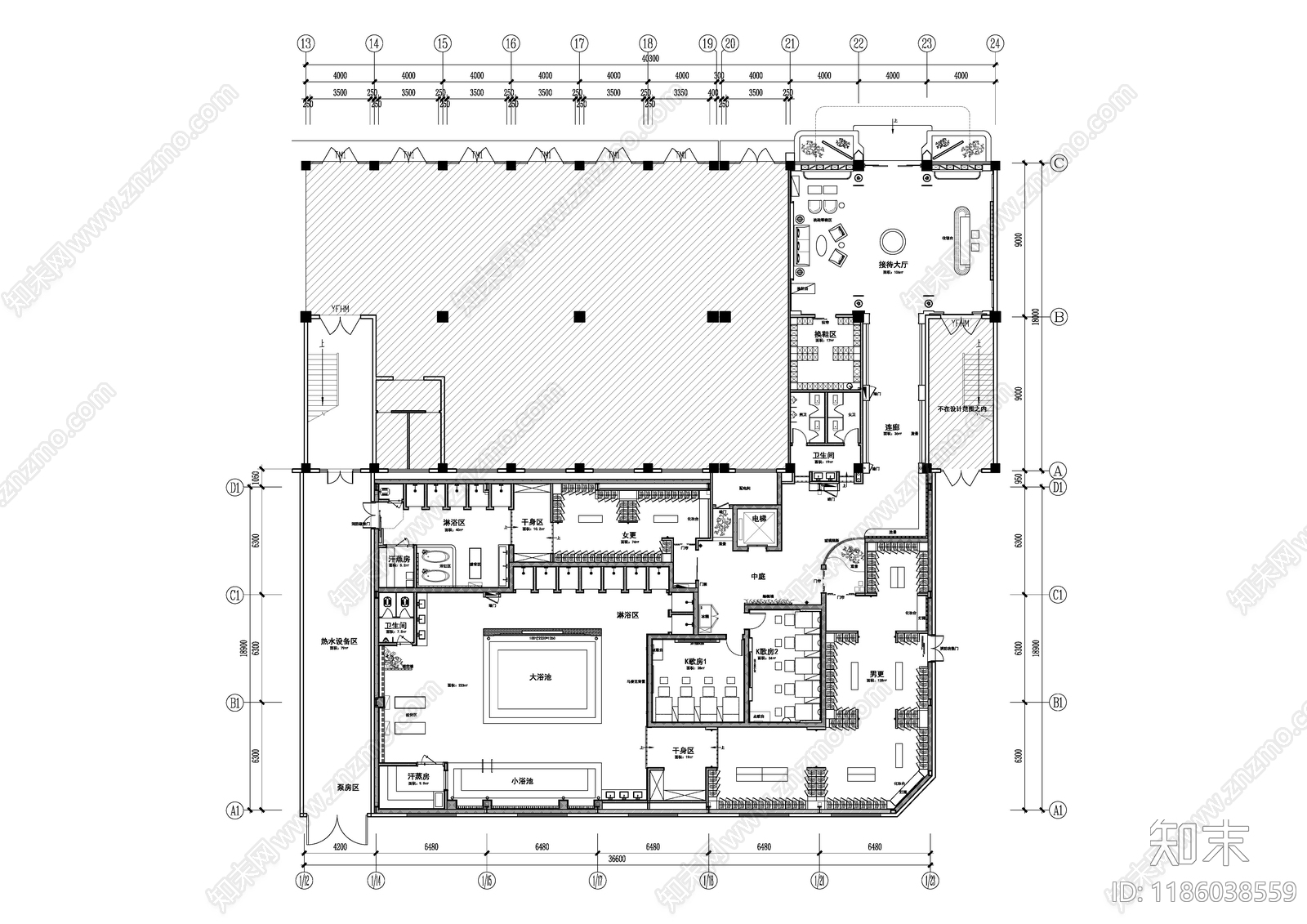 现代足浴店cad施工图下载【ID:1186038559】