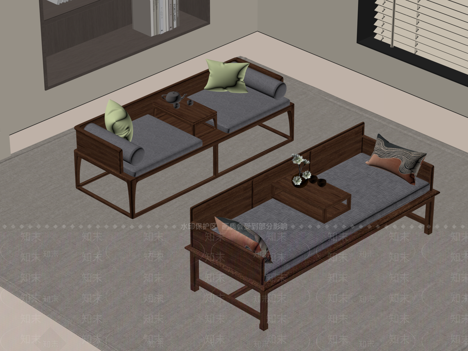 新中式罗汉床SU模型下载【ID:1186043258】