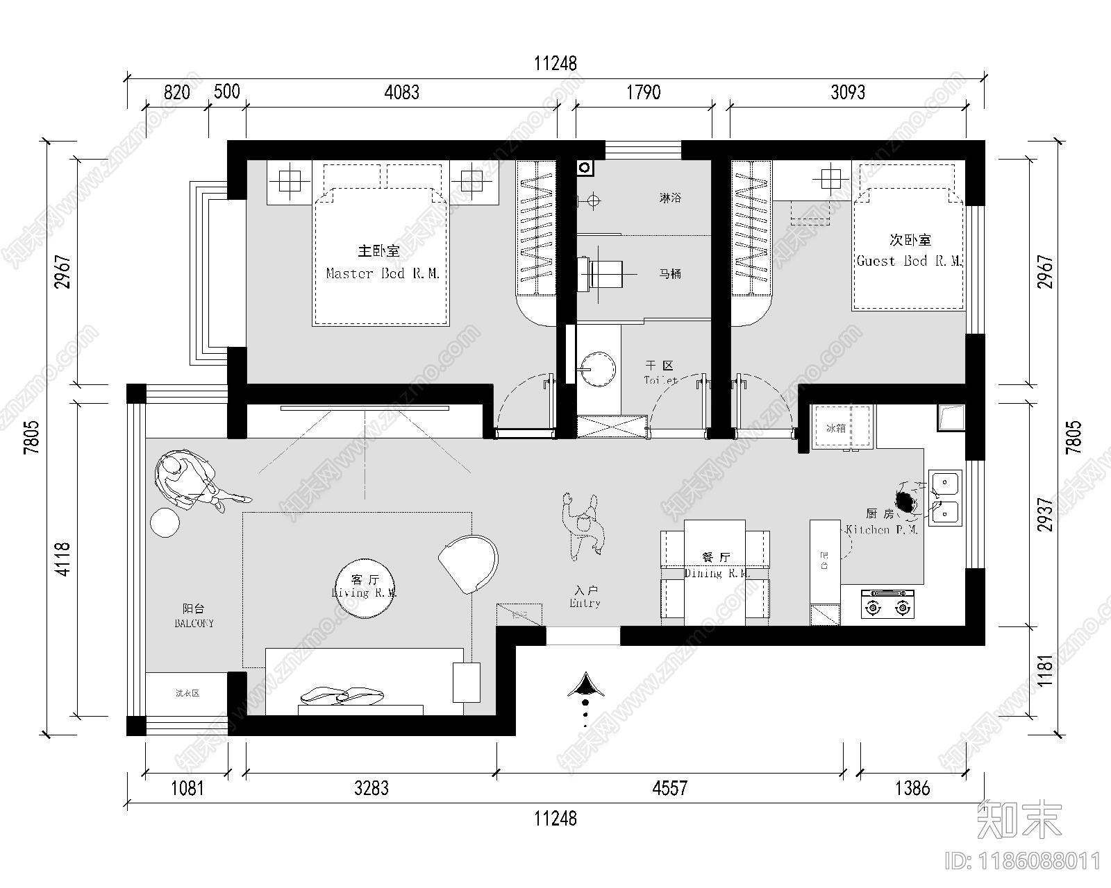 小户型平层施工图下载【ID:1186088011】