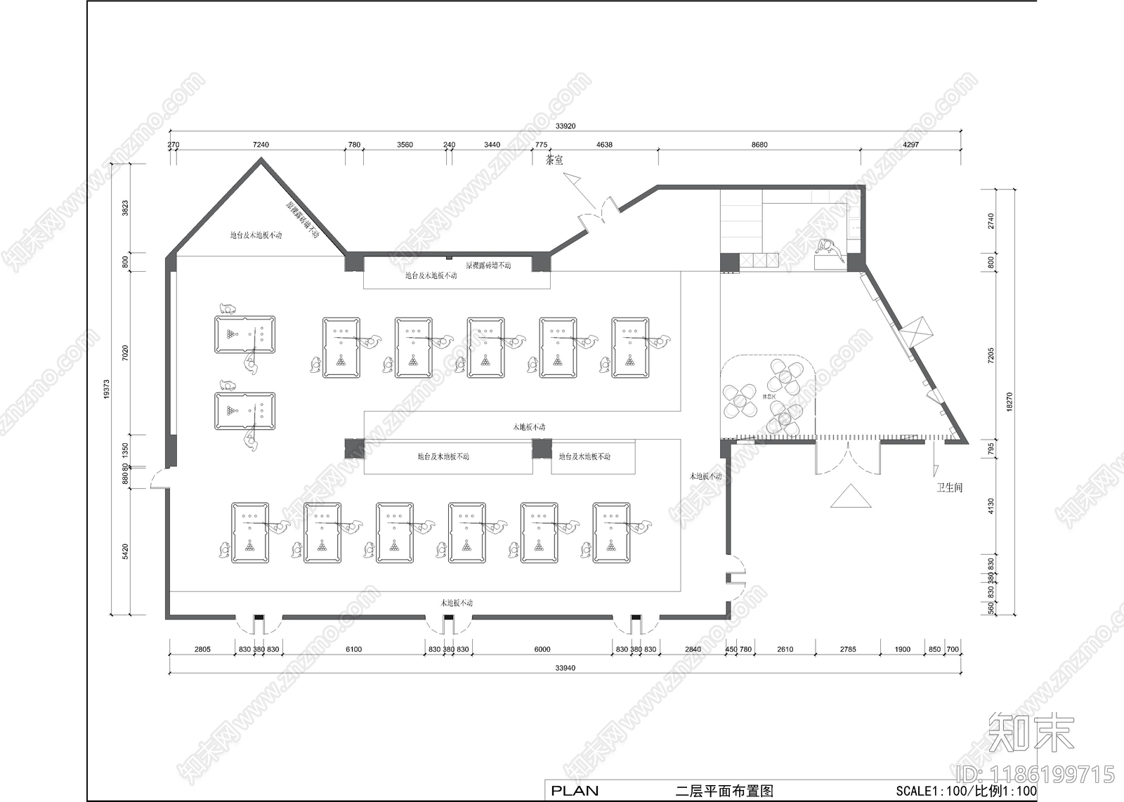 现代台球厅cad施工图下载【ID:1186199715】