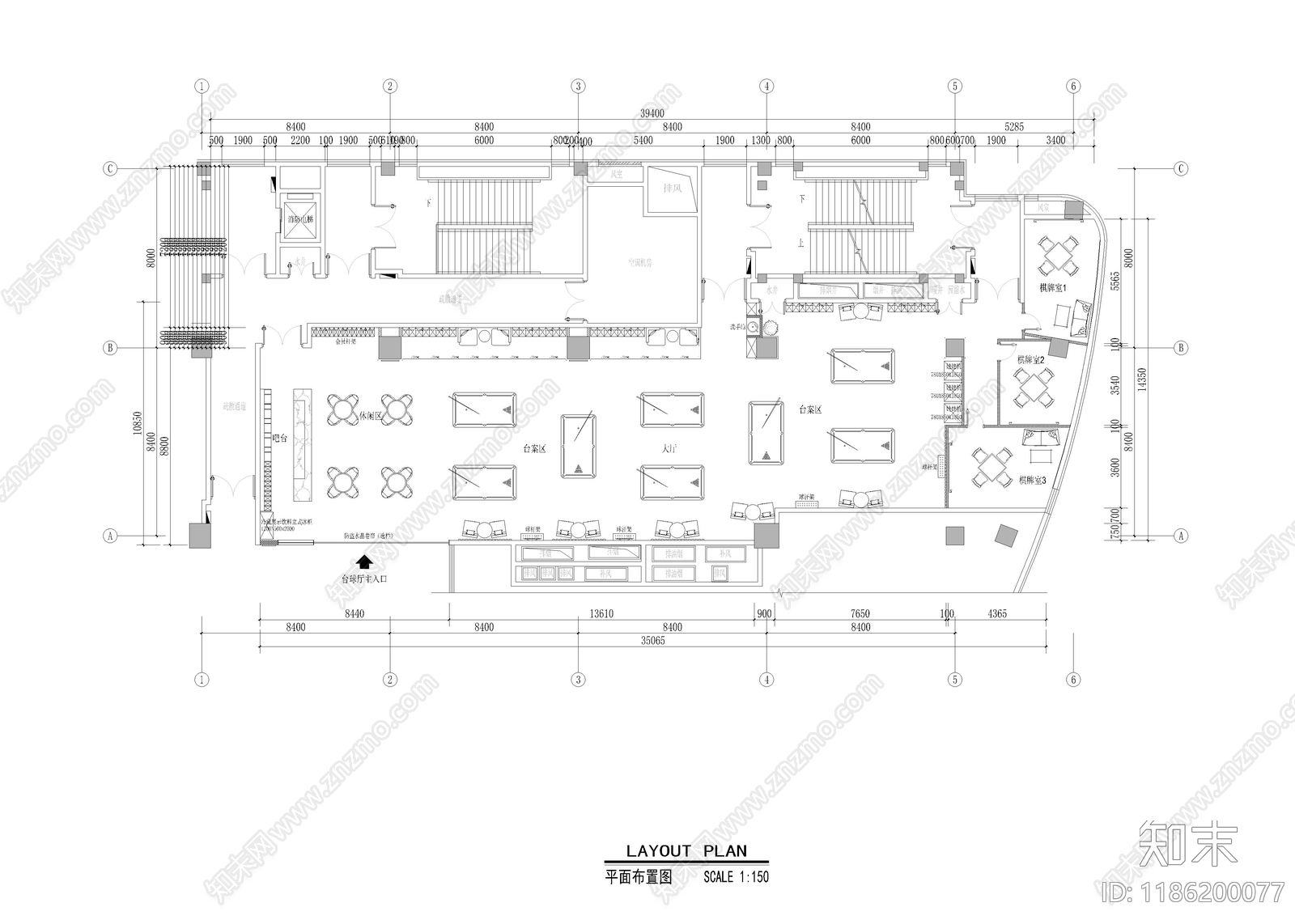 现代台球厅cad施工图下载【ID:1186200077】
