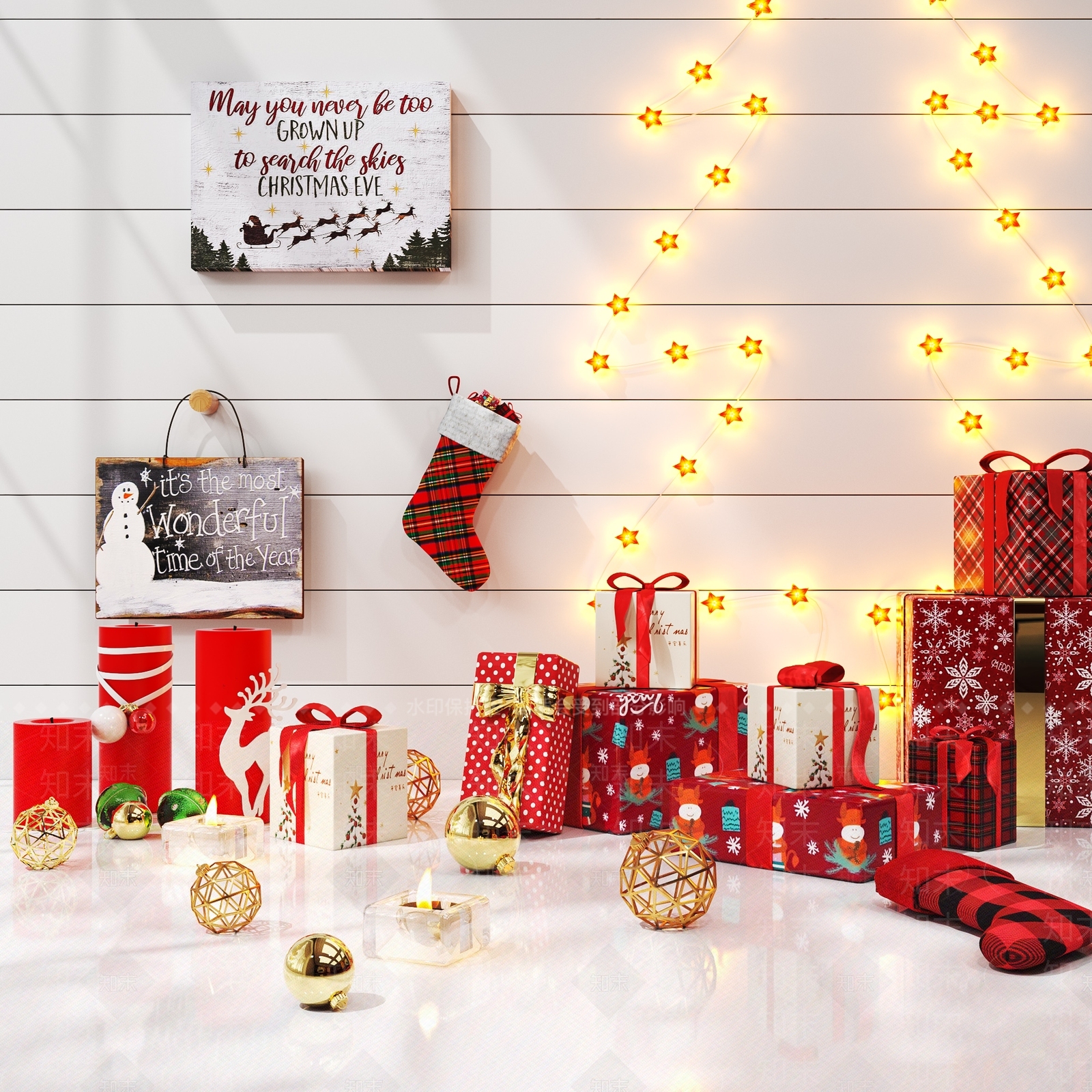 现代圣诞节礼盒饰品摆件组合3D模型下载【ID:1186215798】