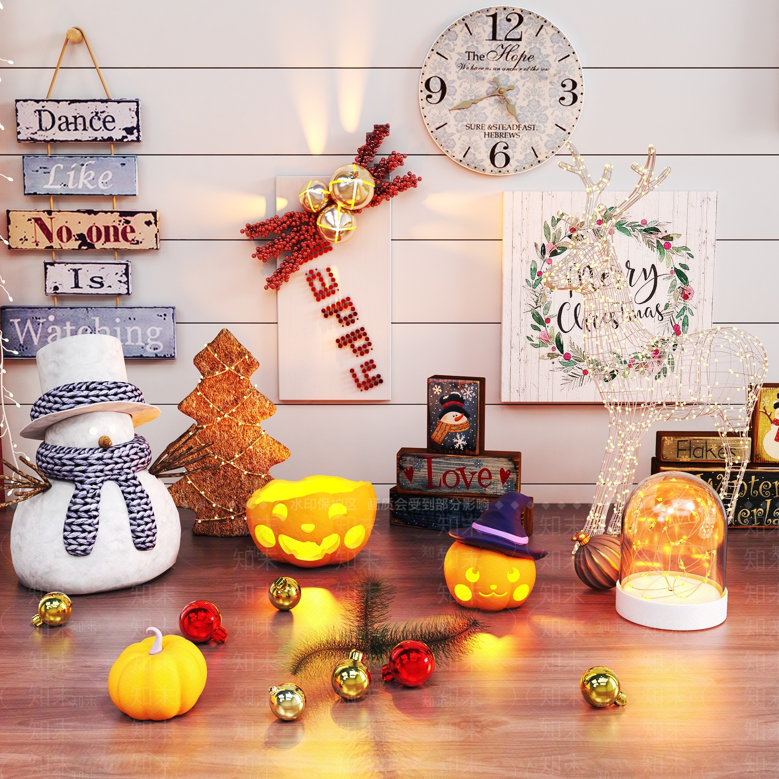 现代圣诞节饰品摆件组合3D模型下载【ID:1186218348】