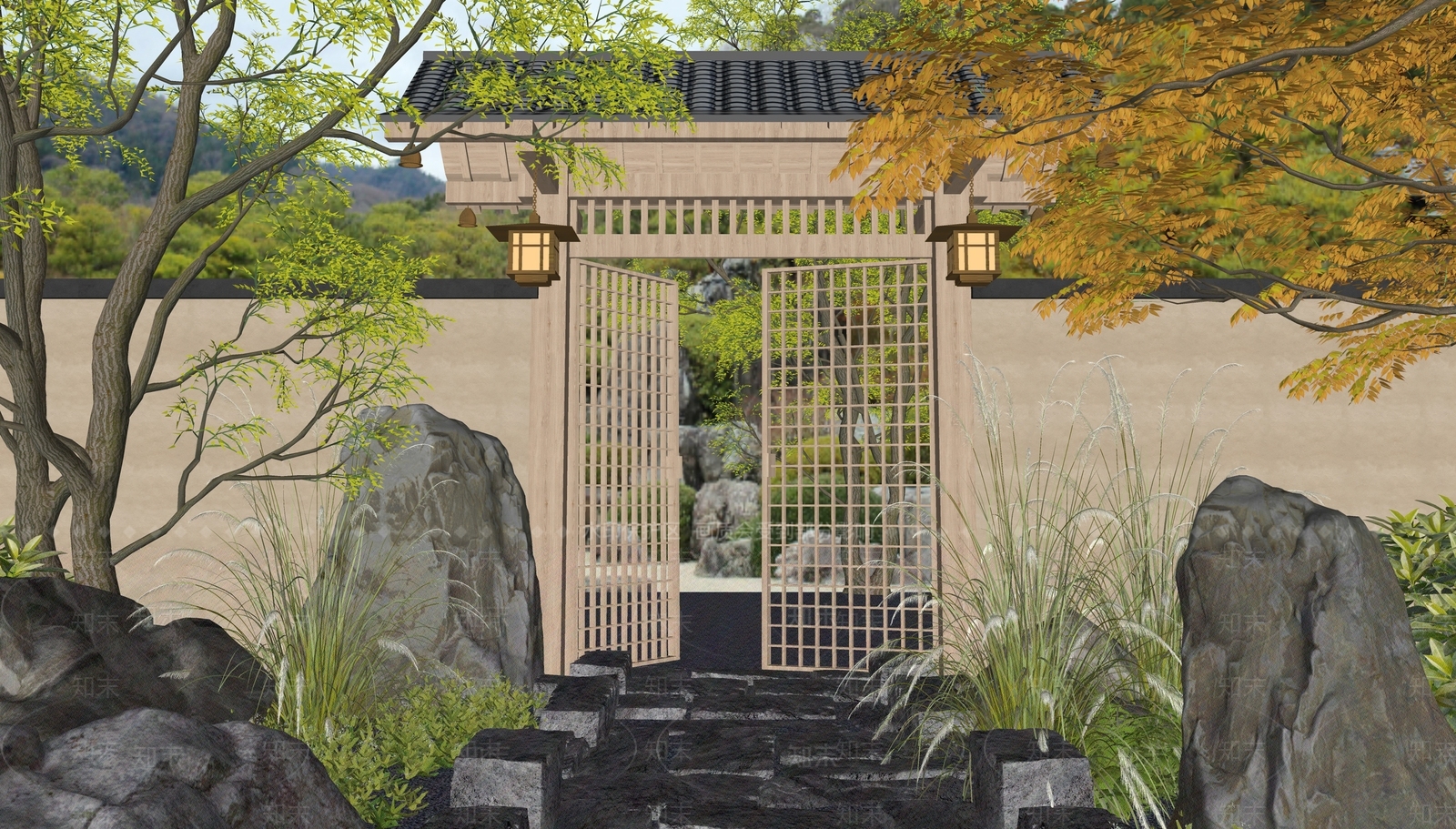 日式禅意庭院门SU模型下载【ID:1186223724】