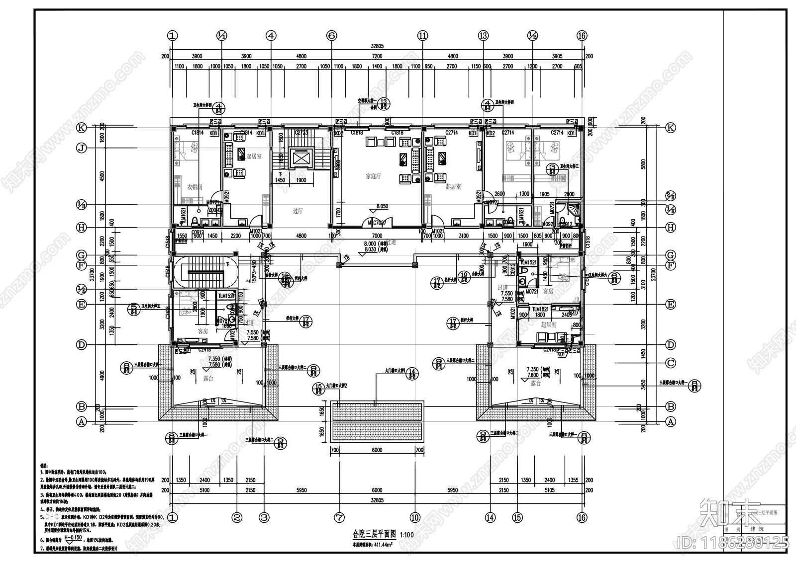 中式别墅建筑施工图下载【ID:1186280125】