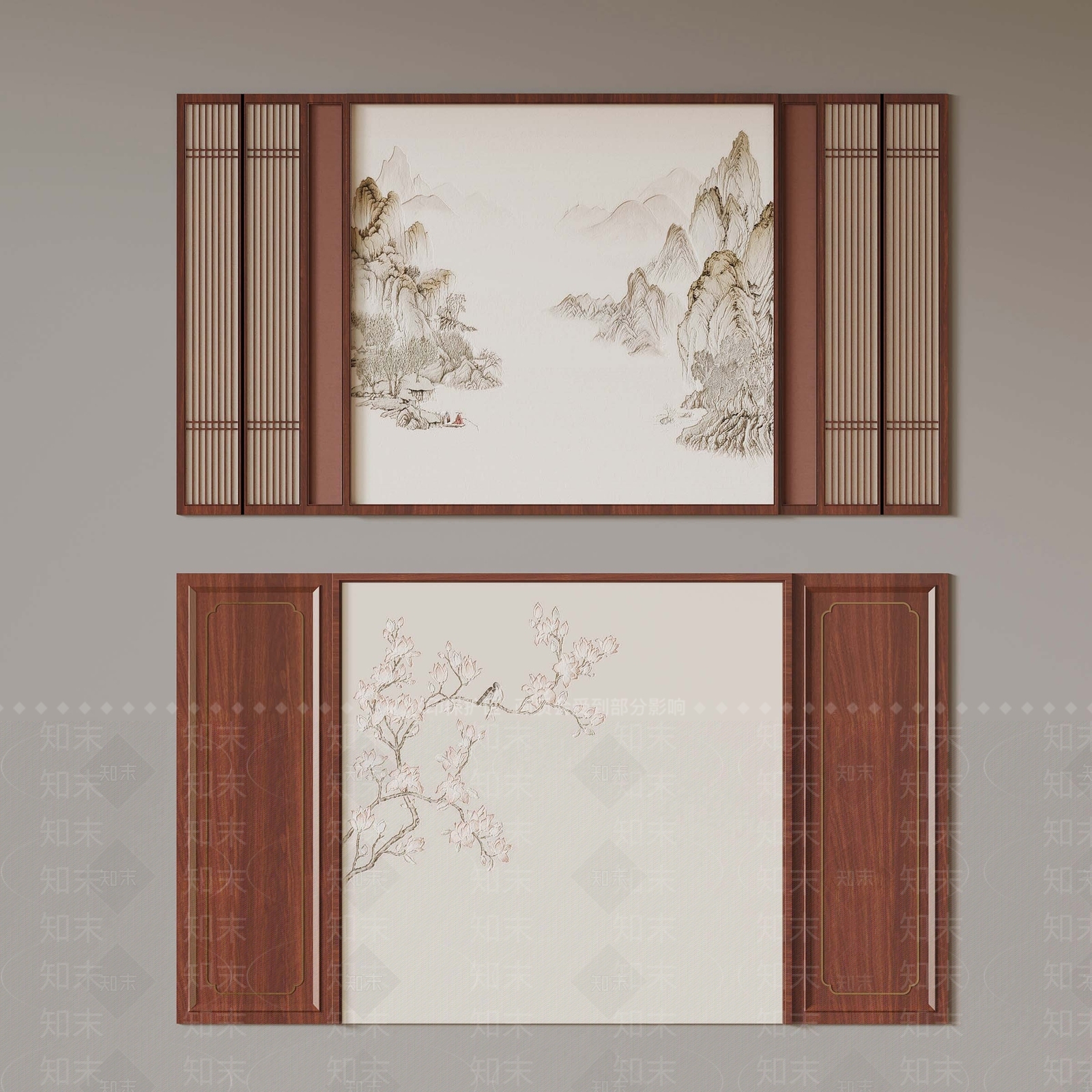 新中式电视背景墙3D模型下载【ID:1186285490】