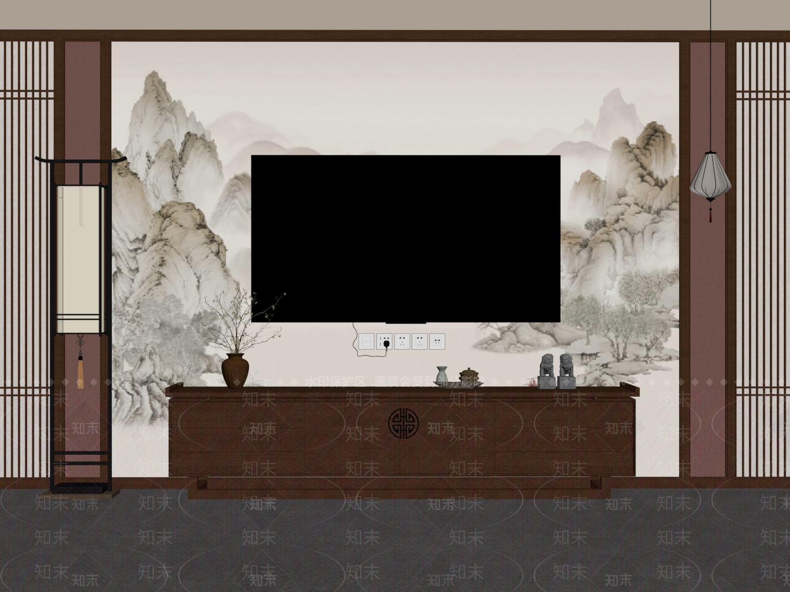 新中式电视柜SU模型下载【ID:1186295336】