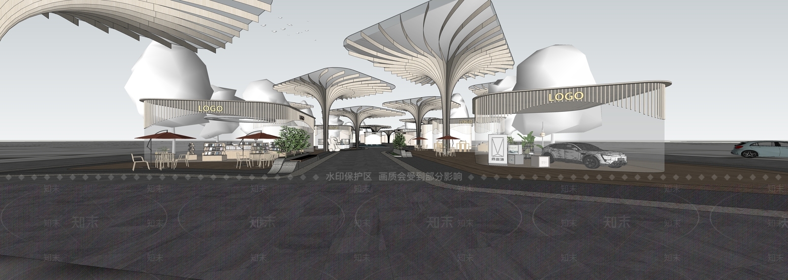 现代原木商业街SU模型下载【ID:1186300972】