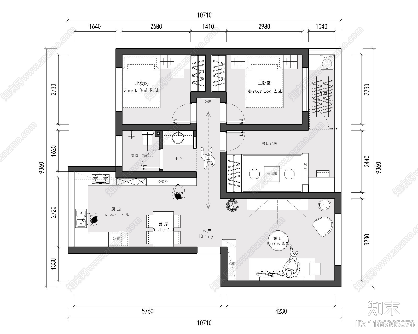 小户型平层施工图下载【ID:1186305078】