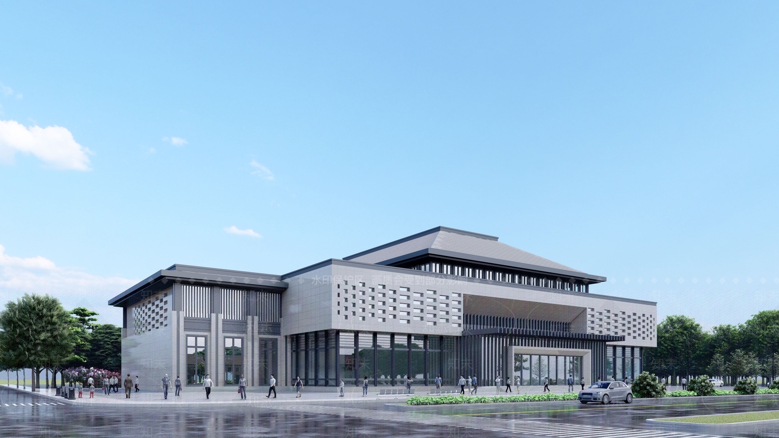 现代新中式图书馆建筑SU模型下载【ID:1186320755】