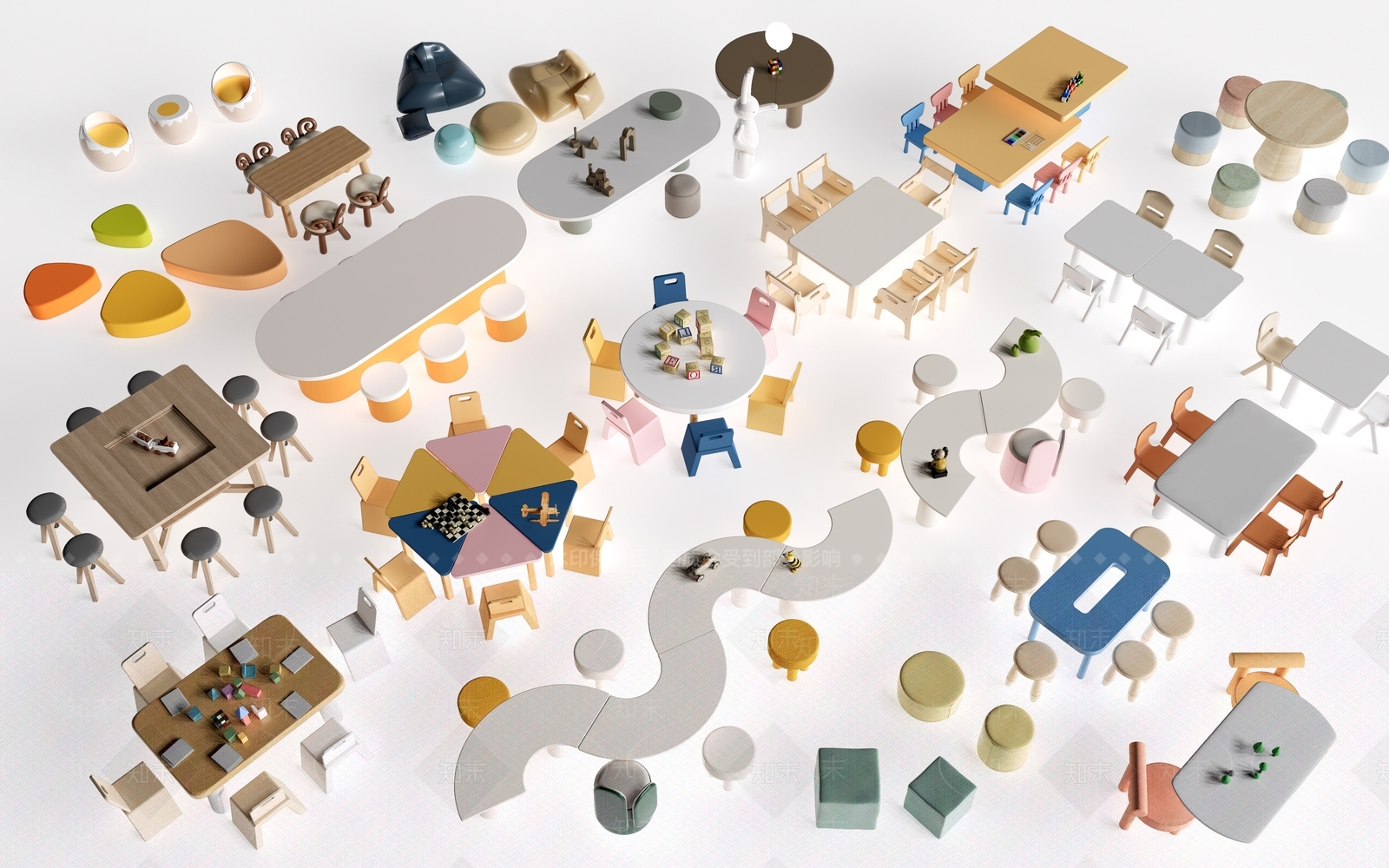 现代儿童桌椅3D模型下载【ID:1186397400】
