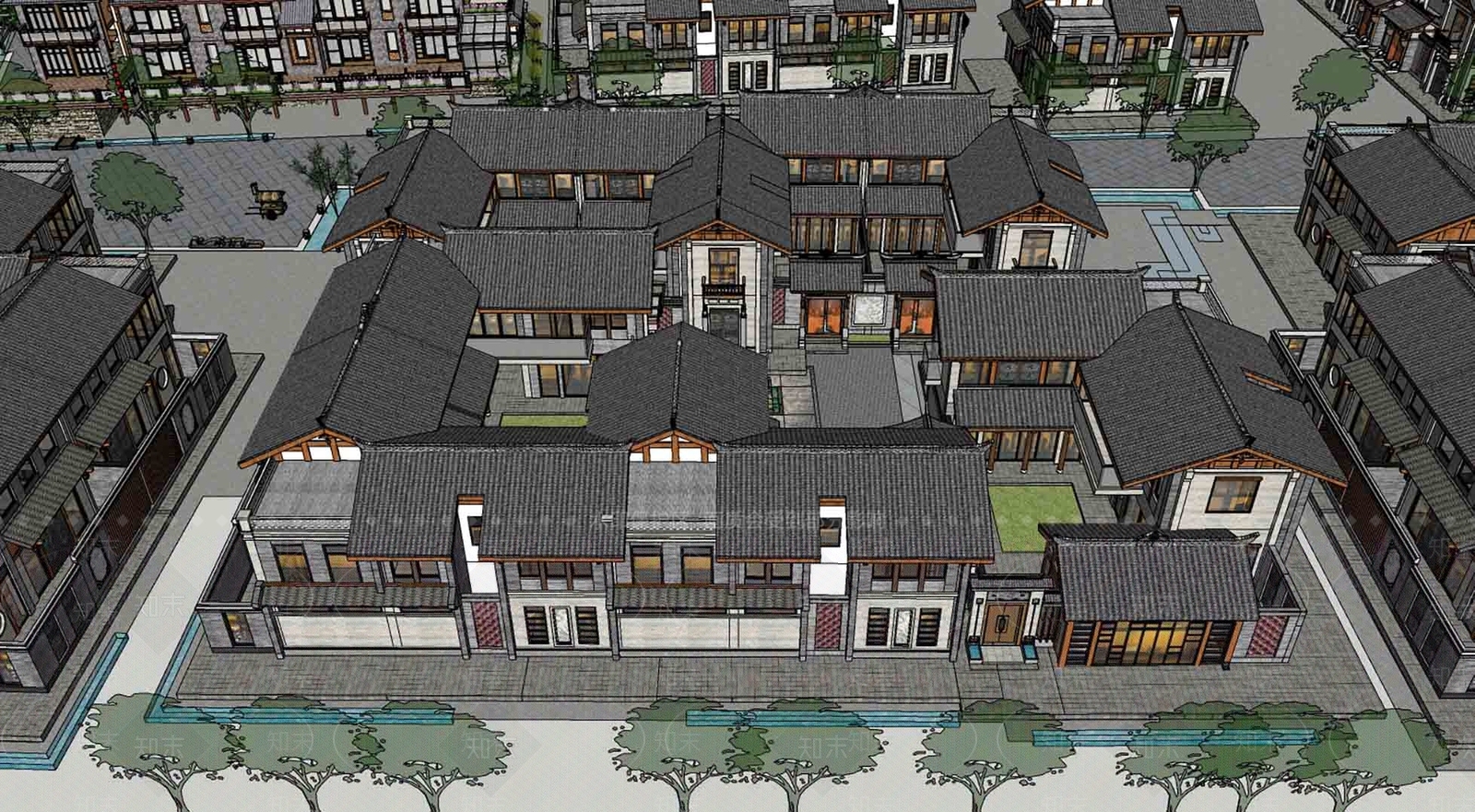 现代中式民宿建筑SU模型下载【ID:1186400655】