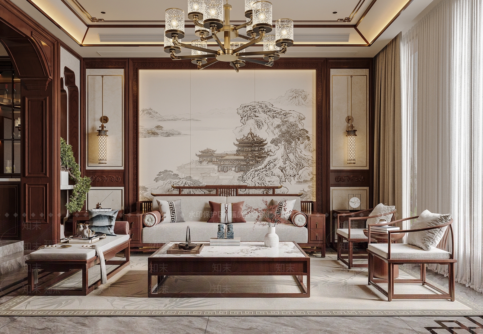 新中式中式别墅客厅3D模型下载【ID:1186411636】