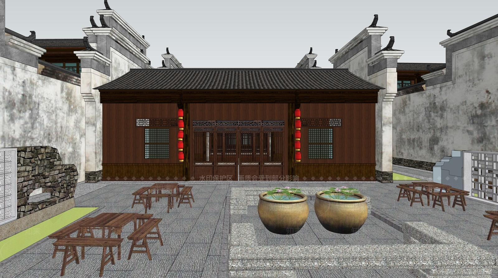 新中式民宿建筑SU模型下载【ID:1186429921】