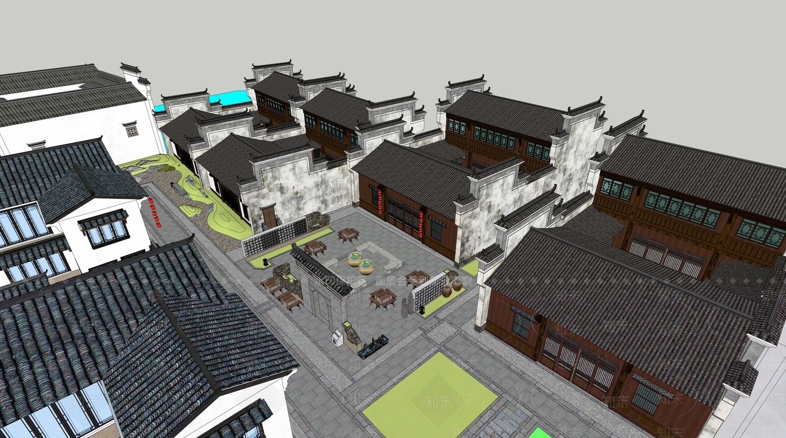 新中式民宿建筑SU模型下载【ID:1186429921】