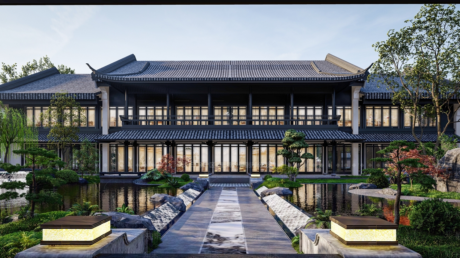 中式新中式酒店建筑SU模型下载【ID:1186430599】