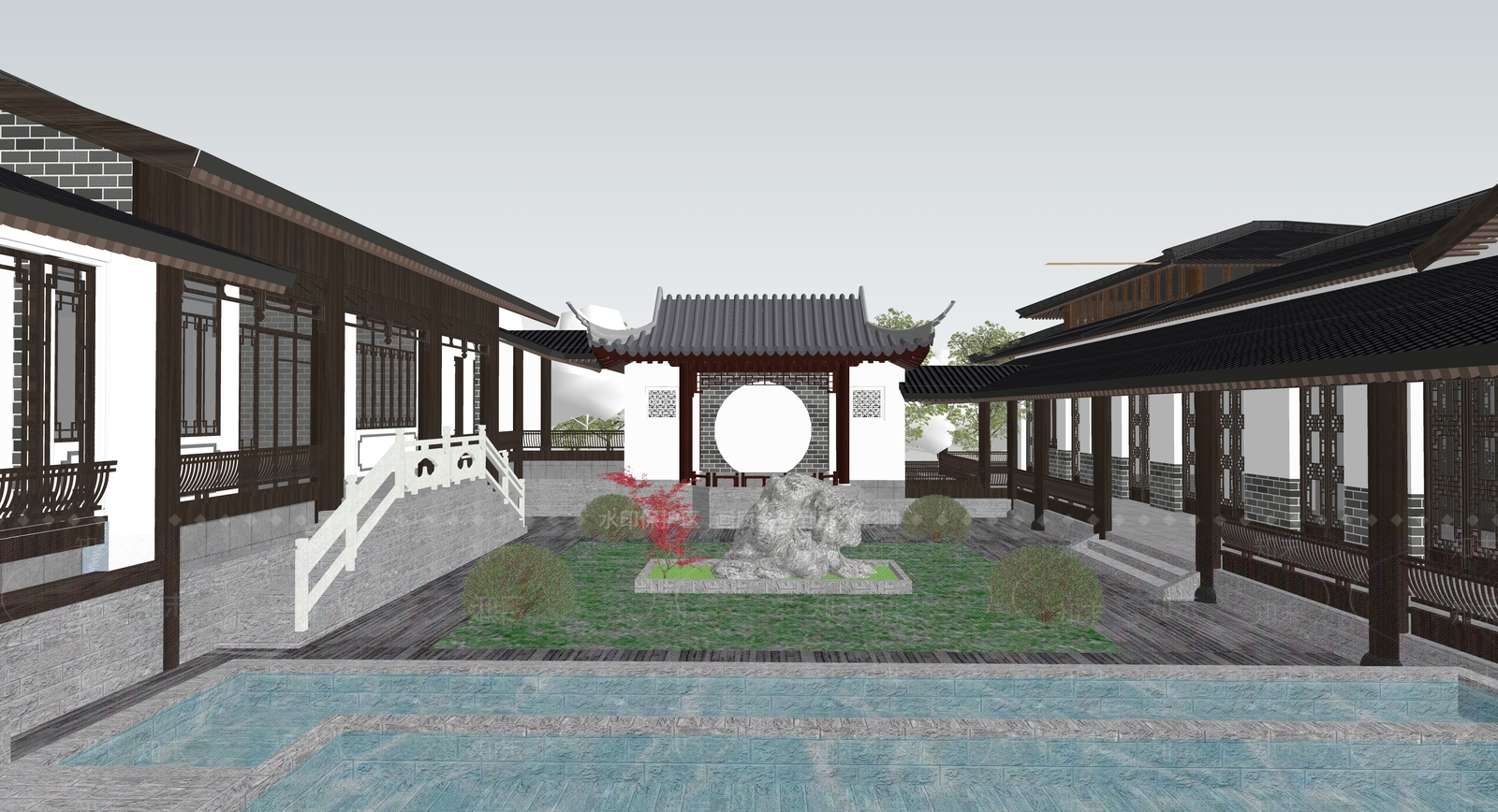 现代新中式民宿建筑SU模型下载【ID:1186432008】