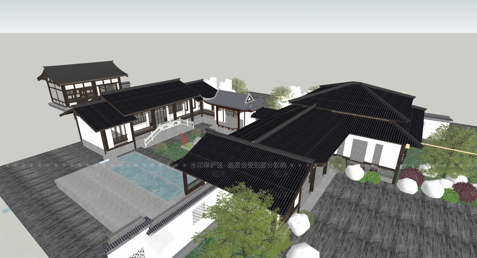 现代新中式民宿建筑SU模型下载【ID:1186432008】