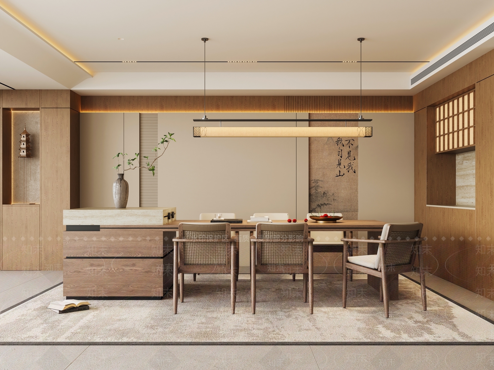 禅意新中式家居餐厅3D模型下载【ID:1186432286】