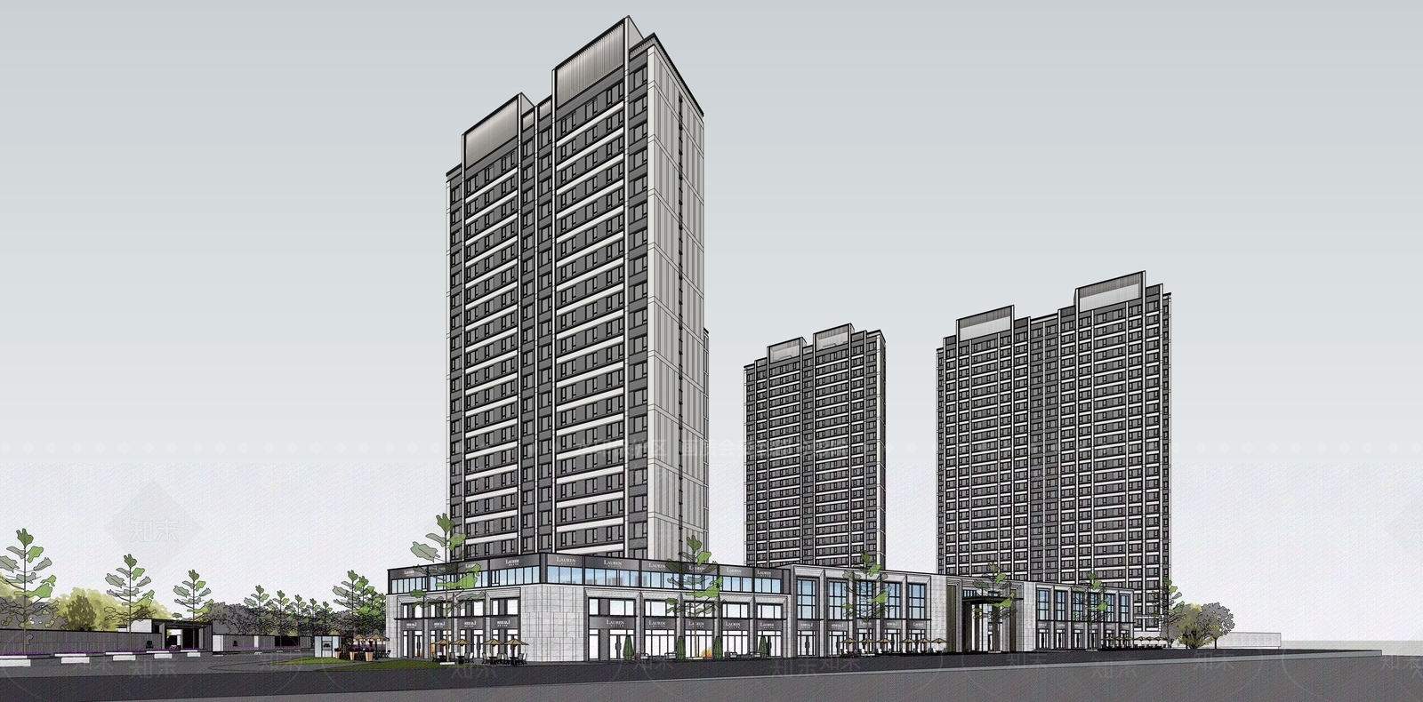 现代轻奢小区建筑SU模型下载【ID:1186434361】