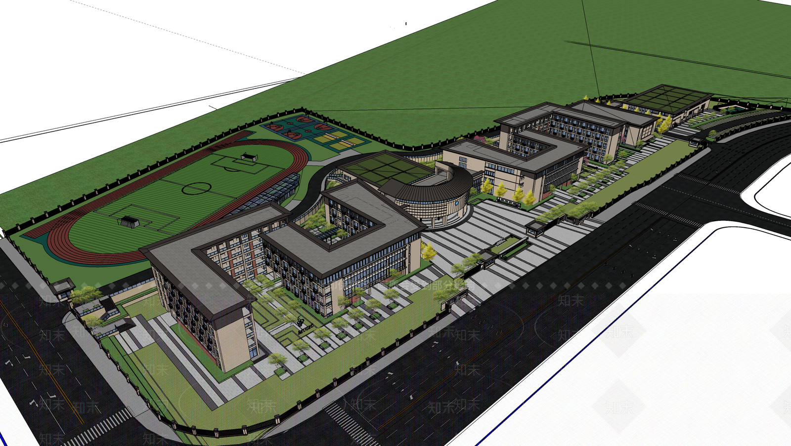 新中式学校建筑SU模型下载【ID:1186448464】