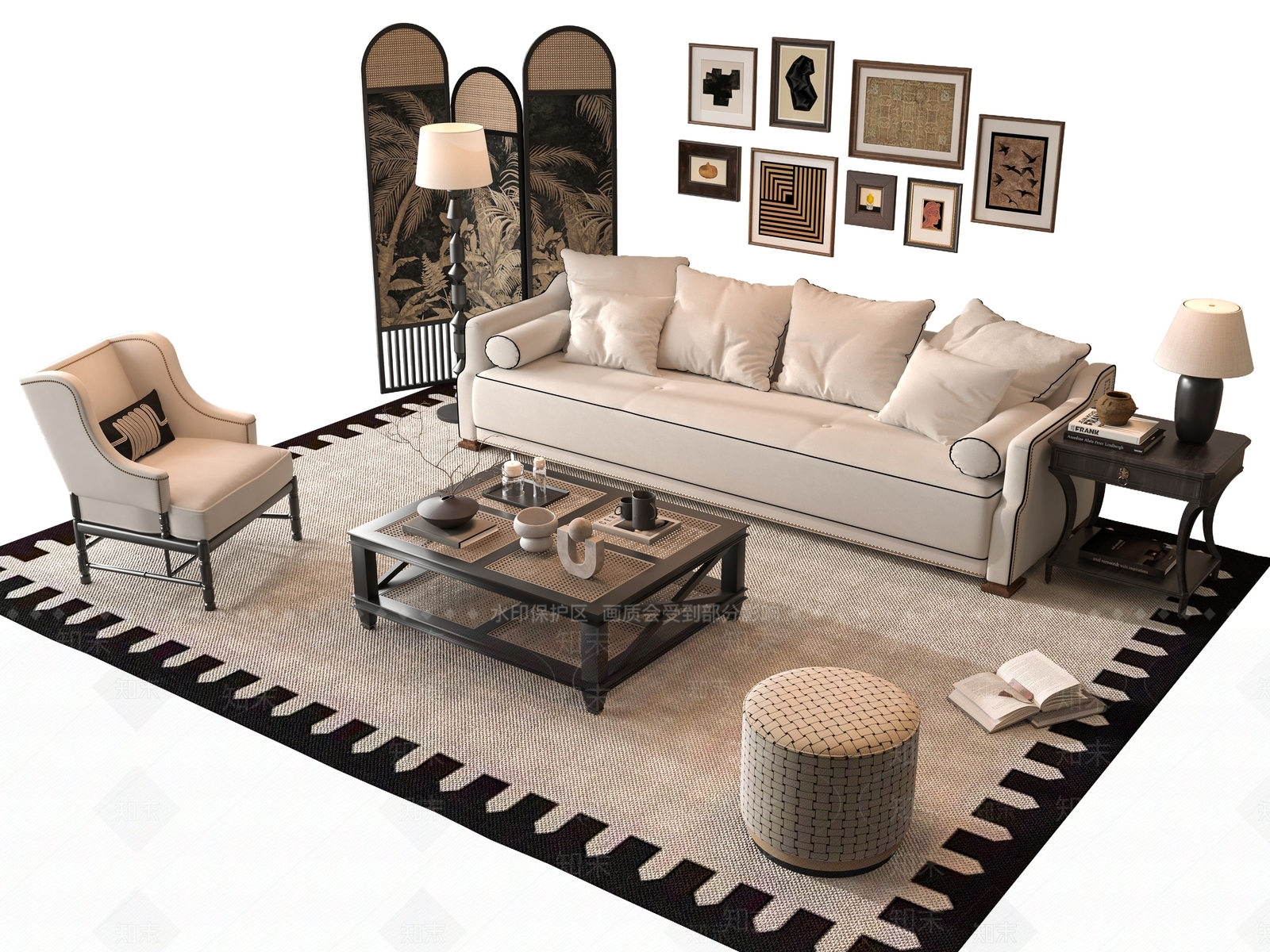 美式法式沙发组合3D模型下载【ID:1186491091】