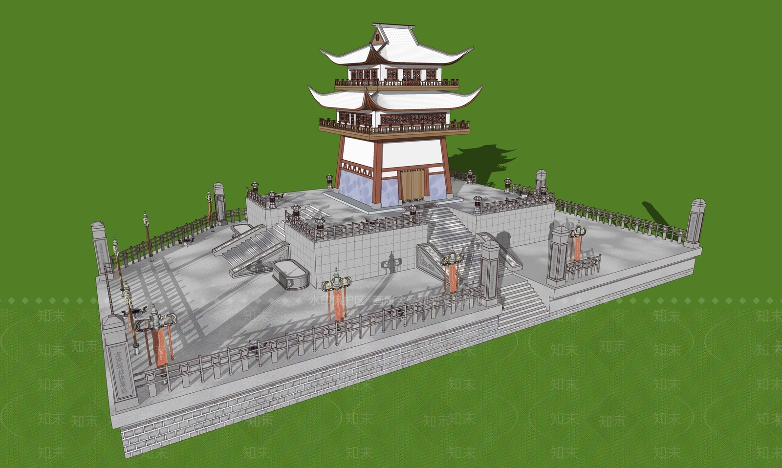 现代古建筑SU模型下载【ID:1186519646】