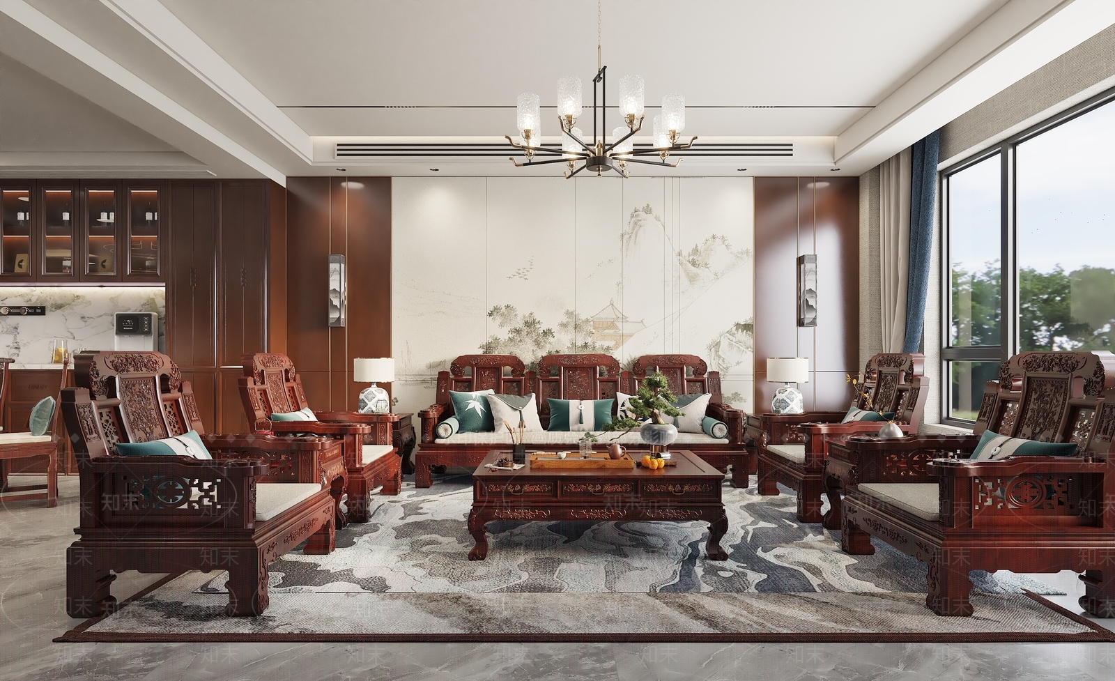 新中式别墅餐厅3D模型下载【ID:1215030830】