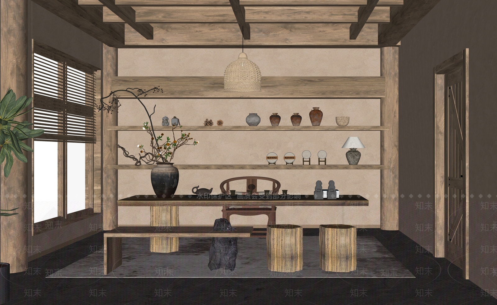 侘寂中式茶室SU模型下载【ID:1186584808】
