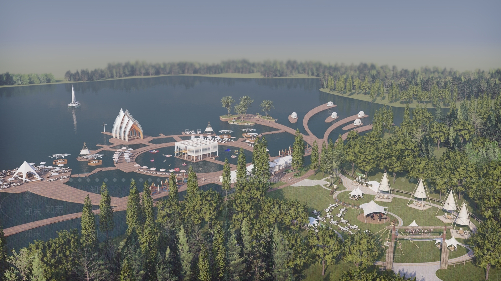 现代滨水景观SU模型下载【ID:1186603531】