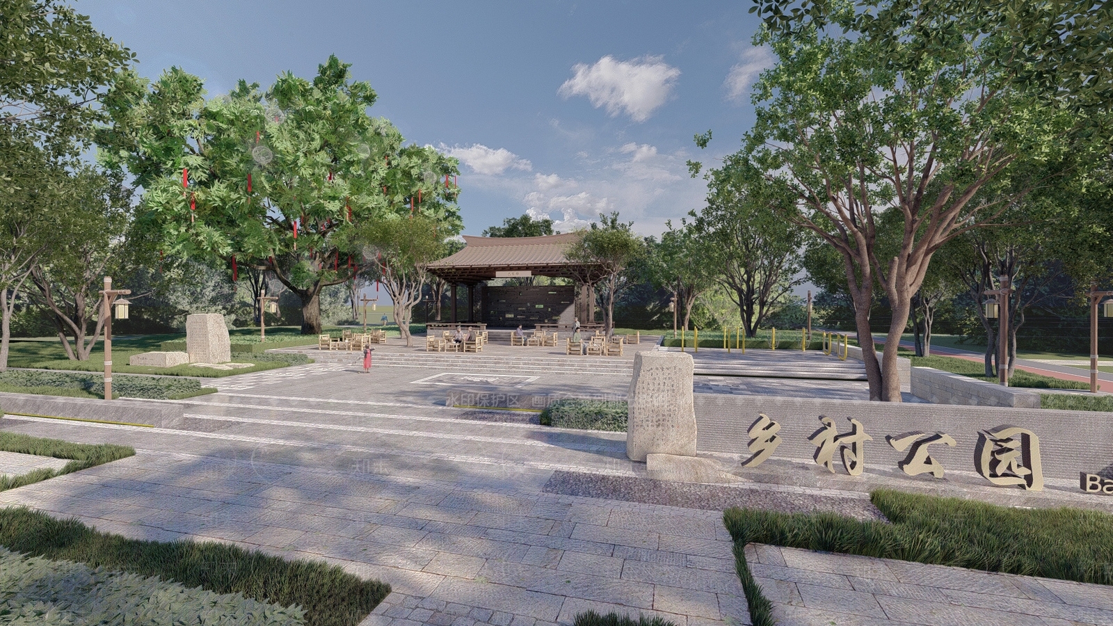 现代新中式乡村公园SU模型下载【ID:1186610121】