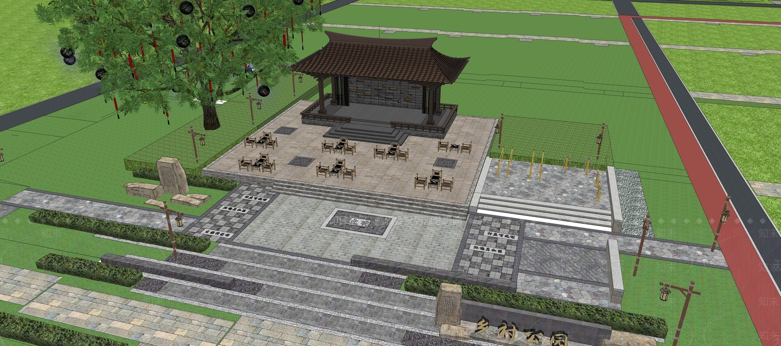 现代新中式乡村公园SU模型下载【ID:1186610121】