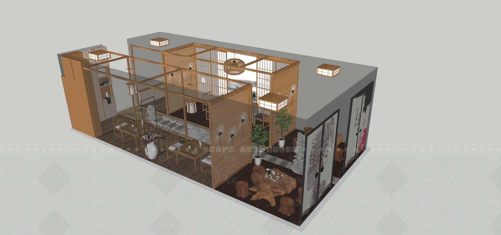 新中式茶室SU模型下载【ID:1215212772】