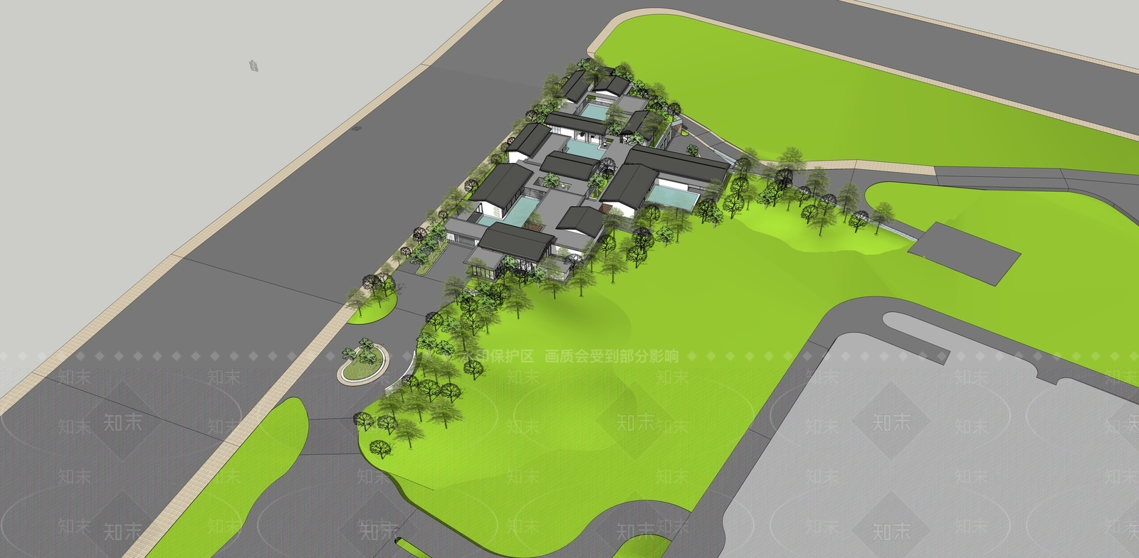 现代新中式酒店建筑SU模型下载【ID:1186674696】