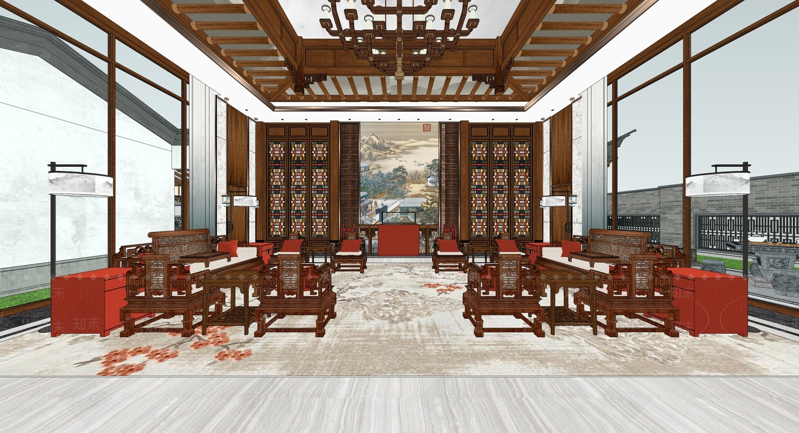 中式新中式别墅客厅SU模型下载【ID:1186686564】