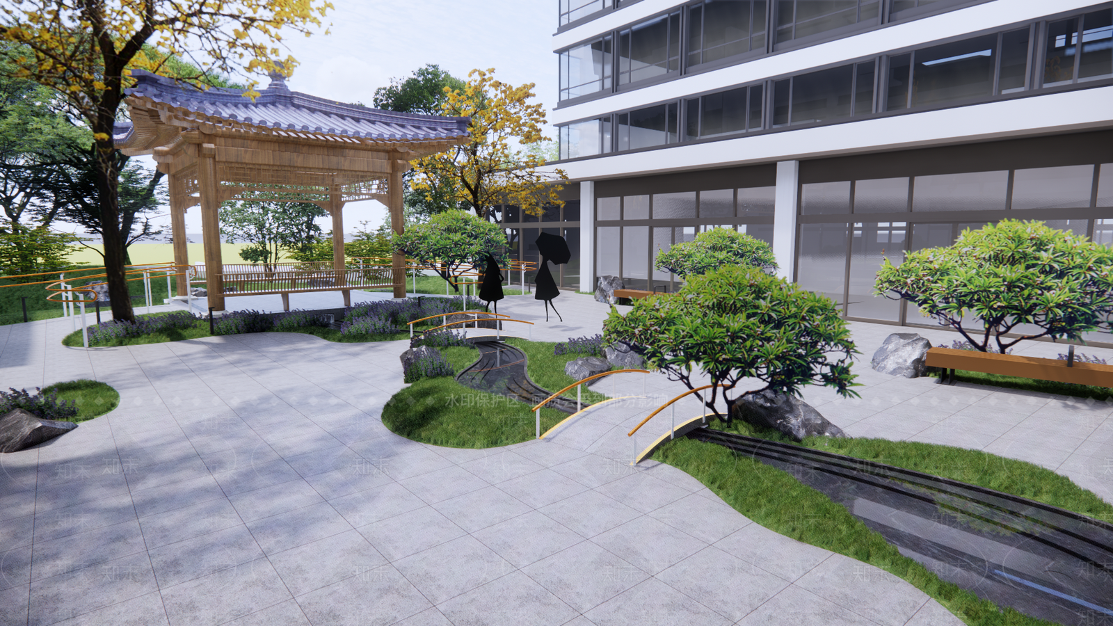 现代新中式屋顶花园SU模型下载【ID:1186692024】