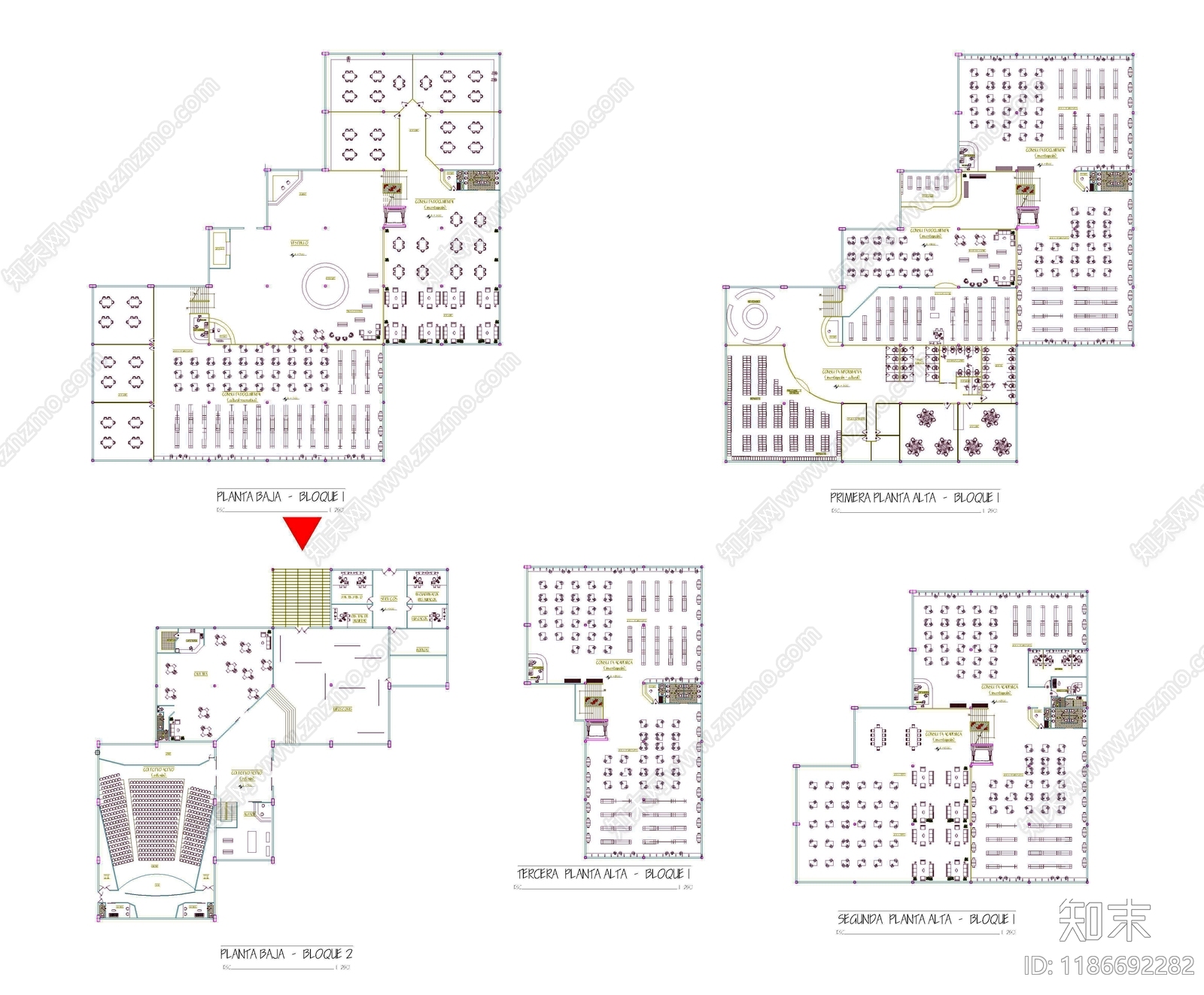 现代图书馆建筑cad施工图下载【ID:1186692282】