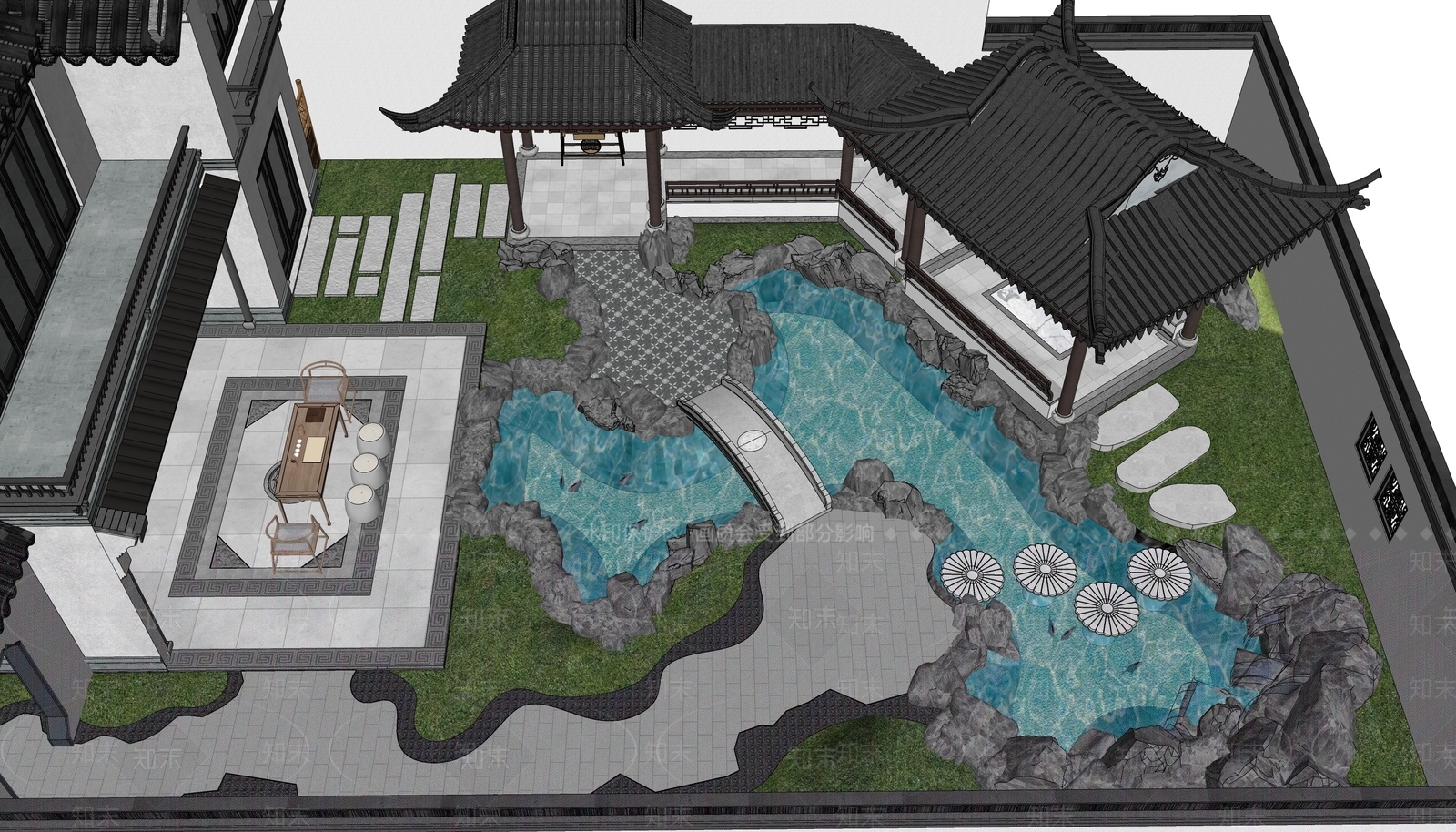 新中式中式别墅庭院SU模型下载【ID:1186696908】