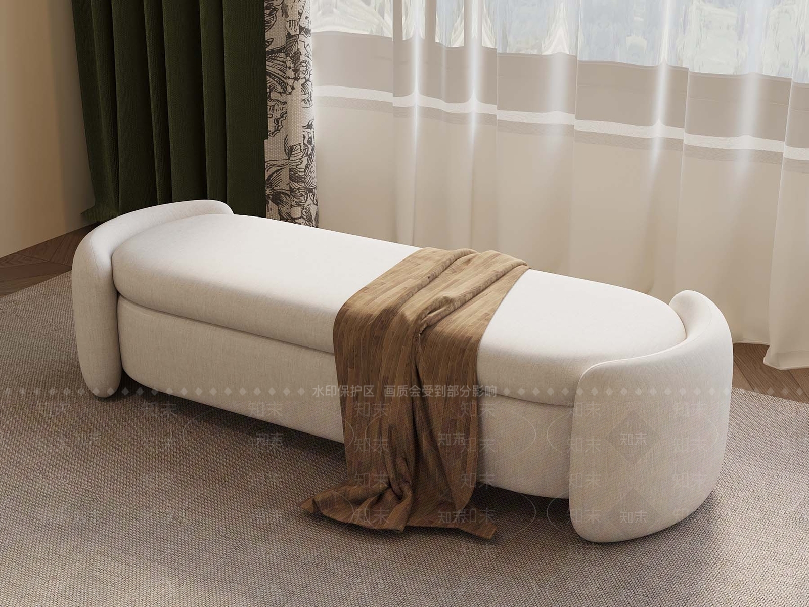 现代奶油床尾凳SU模型下载【ID:1186750614】