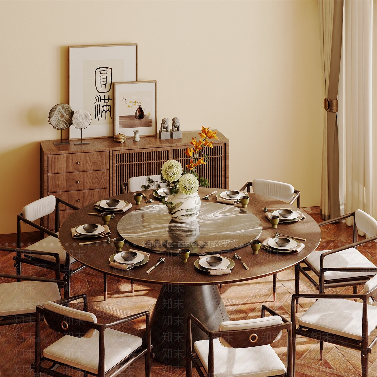 新中式中式餐桌椅3D模型下载【ID:1186795590】