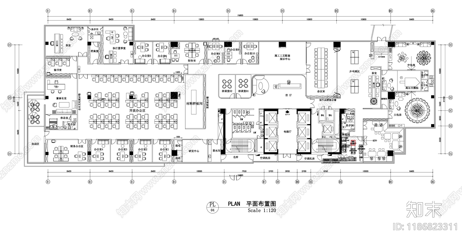 现代新中式开放办公室cad施工图下载【ID:1186823311】