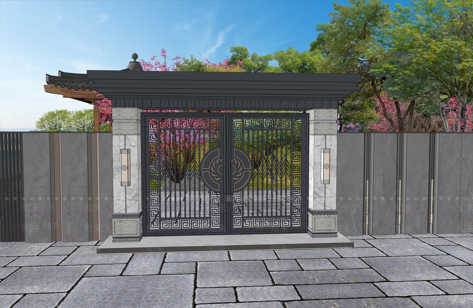现代新中式庭院门SU模型下载【ID:1186844527】