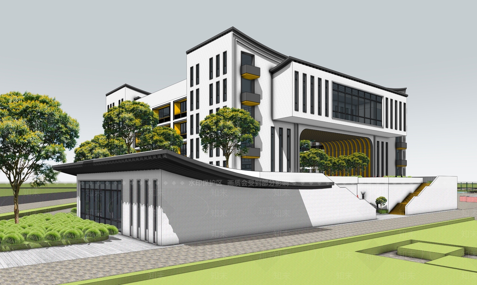 新中式学校建筑SU模型下载【ID:1186855852】