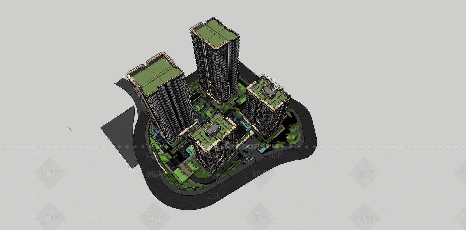 现代轻奢小区建筑SU模型下载【ID:1186906649】